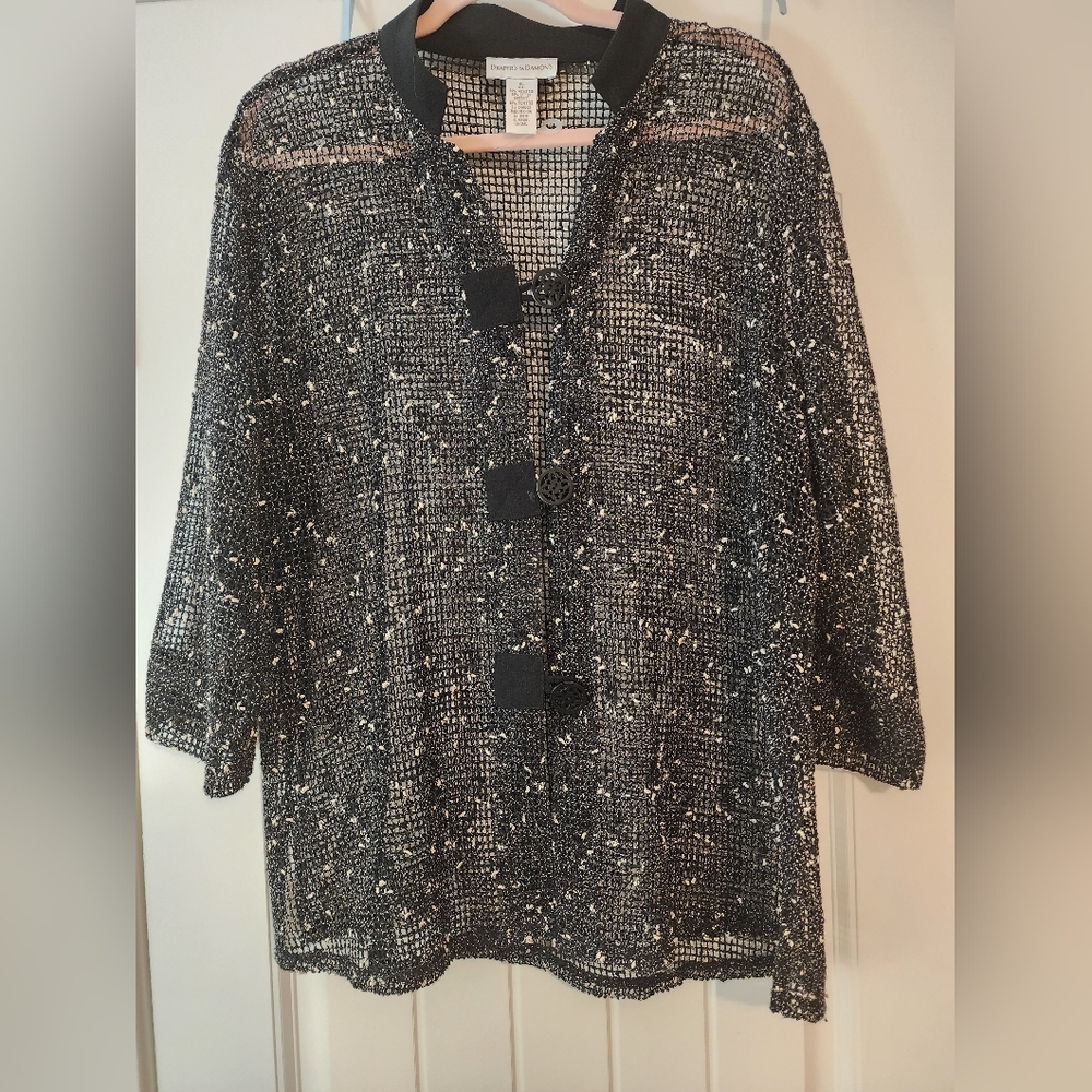Drapers & Damons Black and White Mesh Jacket Coverup XL Boho Y2K Open Weave